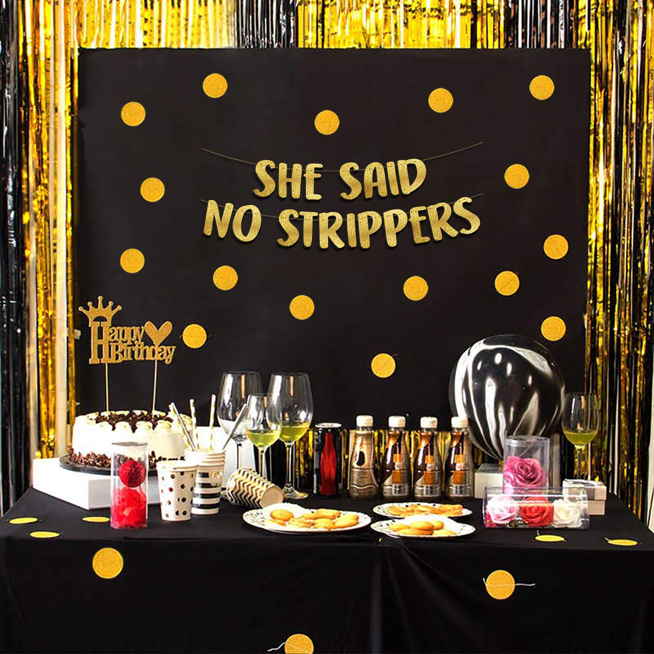She Said No Strippers Gold Glitter Banner - Funny Bachelor Party Decorations, Bachelorette Party Supplies, Gag Gifts & Favors for Wedding Showers & Girls Night Out