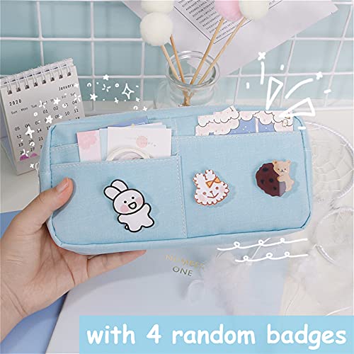 Cute Large Canvas Pencil Case for School & Travel - Kawaii Stationery Organizer, Makeup Pouch, Girls Kids Gift with Badge (Pink) - Perfect for School Supplies, Art Storage & Travel Essentials