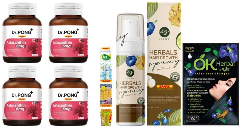 Premium Dr. Pong Astaxanthin 6mg (4 Boxes) - AstaReal® from Japan | Isara Herbals Hair Growth Spray x3 (50ml) for Faster, Longer Hair | Fast DHL Shipping by Beauty Good Shops [Free Beauty Gifts Included] - Perfect for Anti-Aging, Hair Care & Wellness Routines