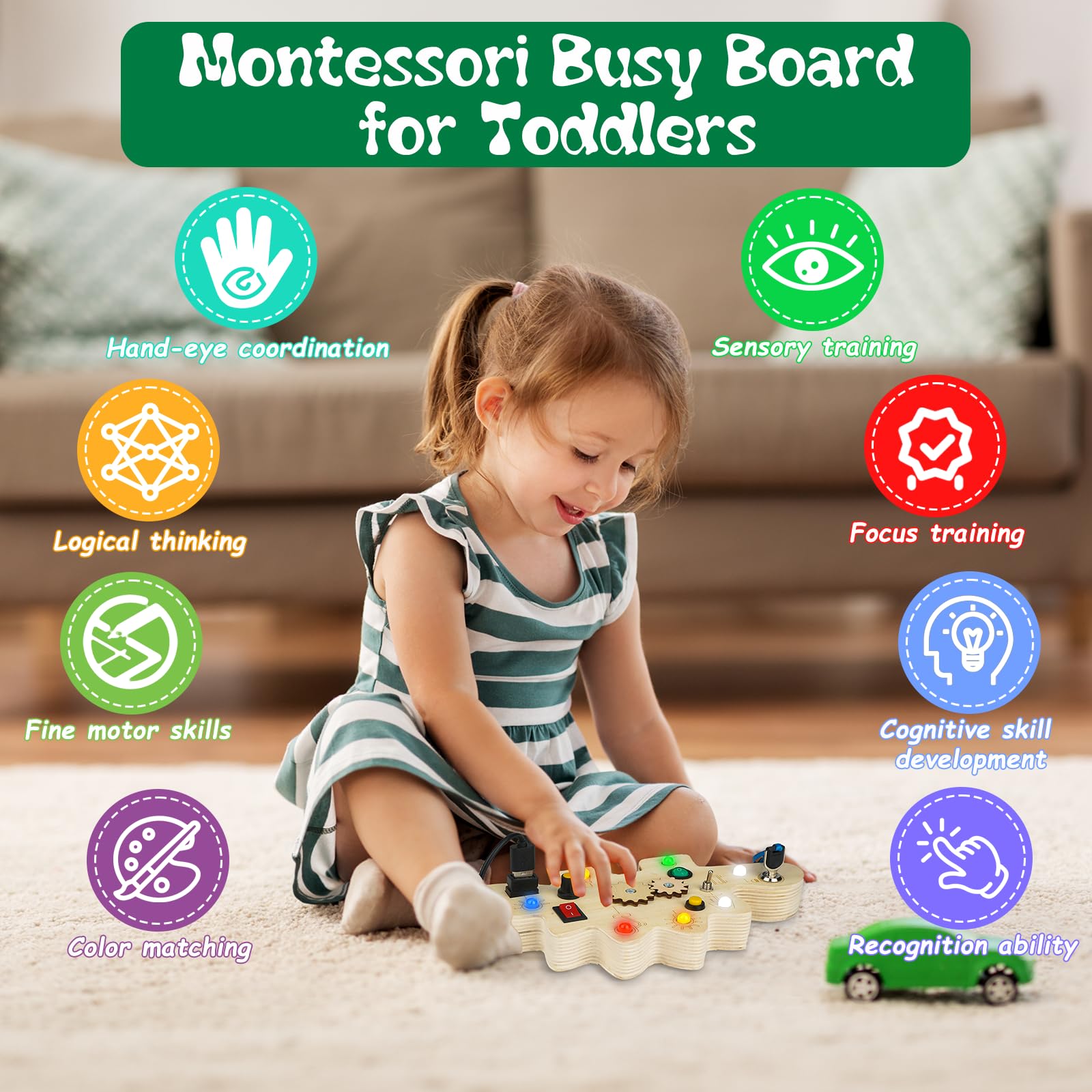 Montessori Busy Board for Toddlers 1-3 - Wooden LED Dinosaur Sensory Toy | Perfect Gift for Boys & Girls