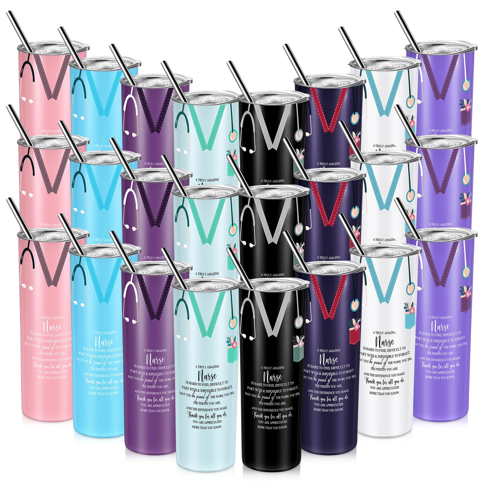 Sabary 24-Piece Nurse Appreciation Gift Set - 20oz Stainless Steel Tumblers with Straws, Stethoscope & Sign - Perfect for CNA Gifts, Nurses Week, Nursing Students & Medical Professionals - Great for Hospitals, Clinics & Christmas Celebrations (Multicolor)