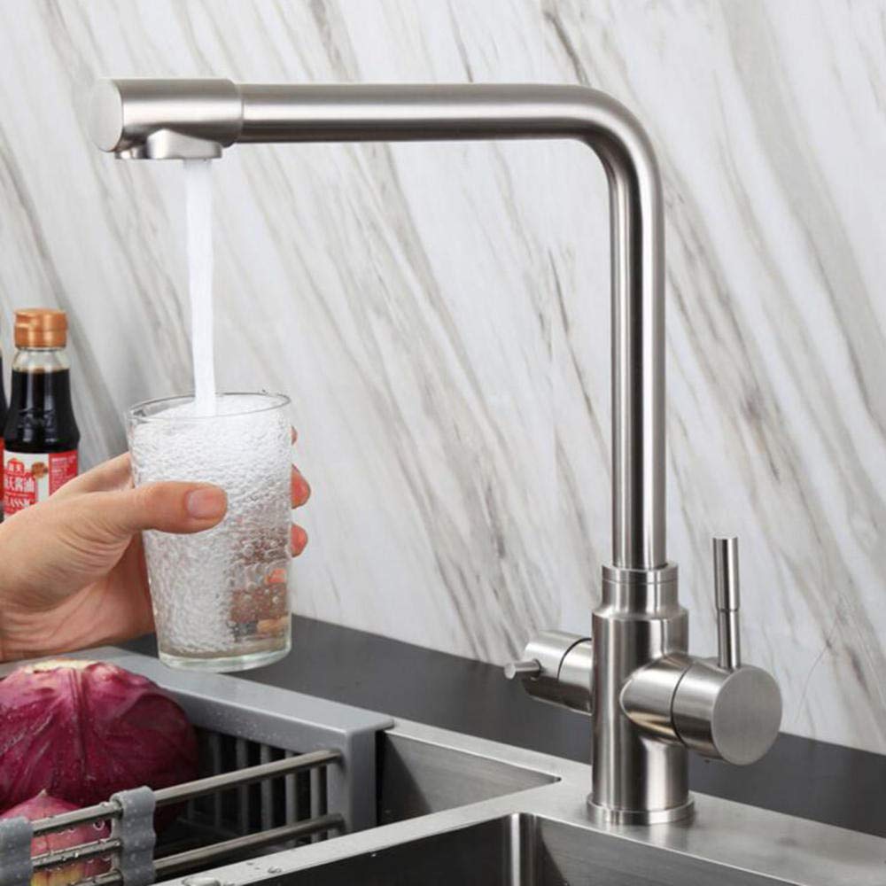 3-Way Kitchen Faucet Water Filter - 304 Brushed Stainless Steel, 360° Rotatable, Hot & Cold Water Purification System - Perfect for Home, RV, and Outdoor Use