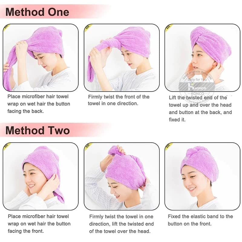MEENIRA Microfiber Hair Towel Wrap - Super Absorbent Hair Turban for Women with Curly, Long & Thick Hair - Quick Dry Hair Cap for Shower, Salon & Home Use - Pack of 2 Multicolor Hair Covers