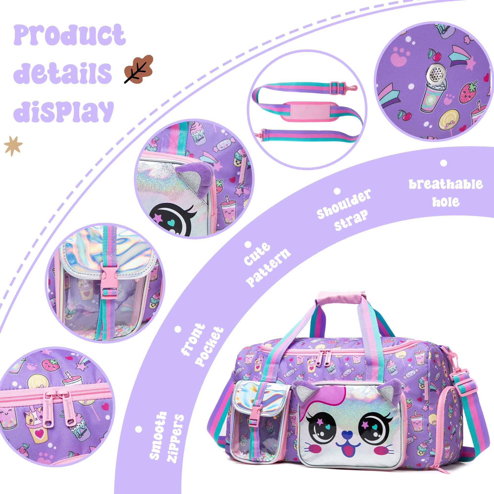 Kids Travel Duffle Bag - Cute Cat Design Gym & Dance Bag for Girls with Shoe Compartment | Perfect for Sleepovers, Sports & School Activities