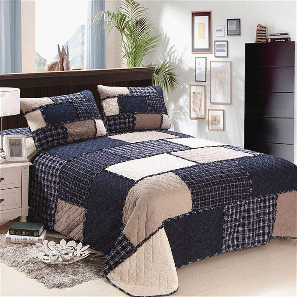 ABREEZE Black Checkered Plaid Quilted Comforter Set for Men - Queen Size Bedspread with Patchwork Design | Perfect for Bedroom Decor, Guest Room Essentials & Cozy Winter Nights
