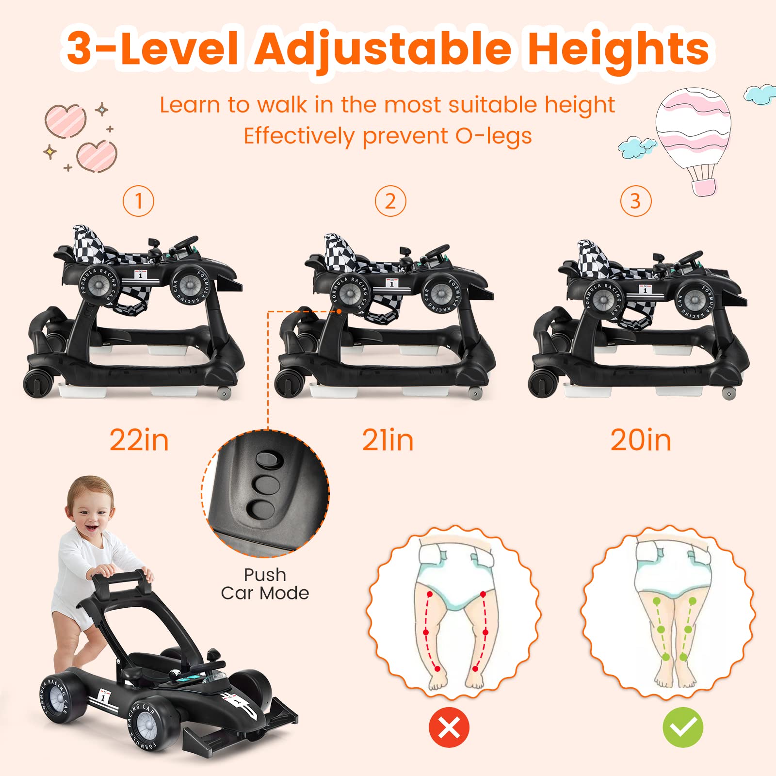 HONEY JOY 4-in-1 Baby Walker with Adjustable Height & Speed | Foldable Push Walker with Music, Lights & Padded Seat | Smooth Wheels for Boys & Girls 6+ Months (Black) | Perfect for Learning to Walk & Indoor Playtime