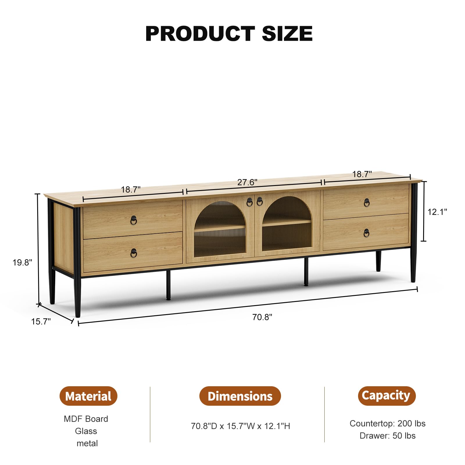 85 Inch Glass LED TV Stand - Modern Entertainment Center with 2 Glass Doors & 4 Drawers - Wooden Console Table for Living Room & Bedroom - Perfect for Home Theater Setup & Media Storage