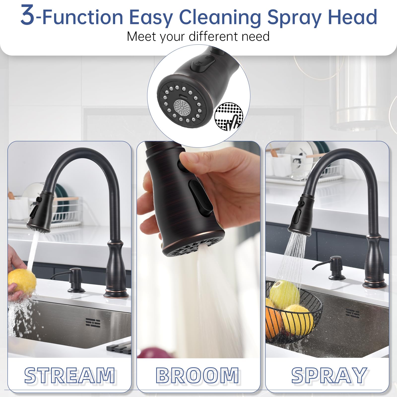 DAYONE 3-Hole Kitchen Sink Faucet with Soap Dispenser & Separate Handle - Oil Rubbed Bronze Pull Down Sprayer, High Arc Single Handle Design (DAY-279ORB) - Perfect for Modern Kitchens & Food Prep Stations