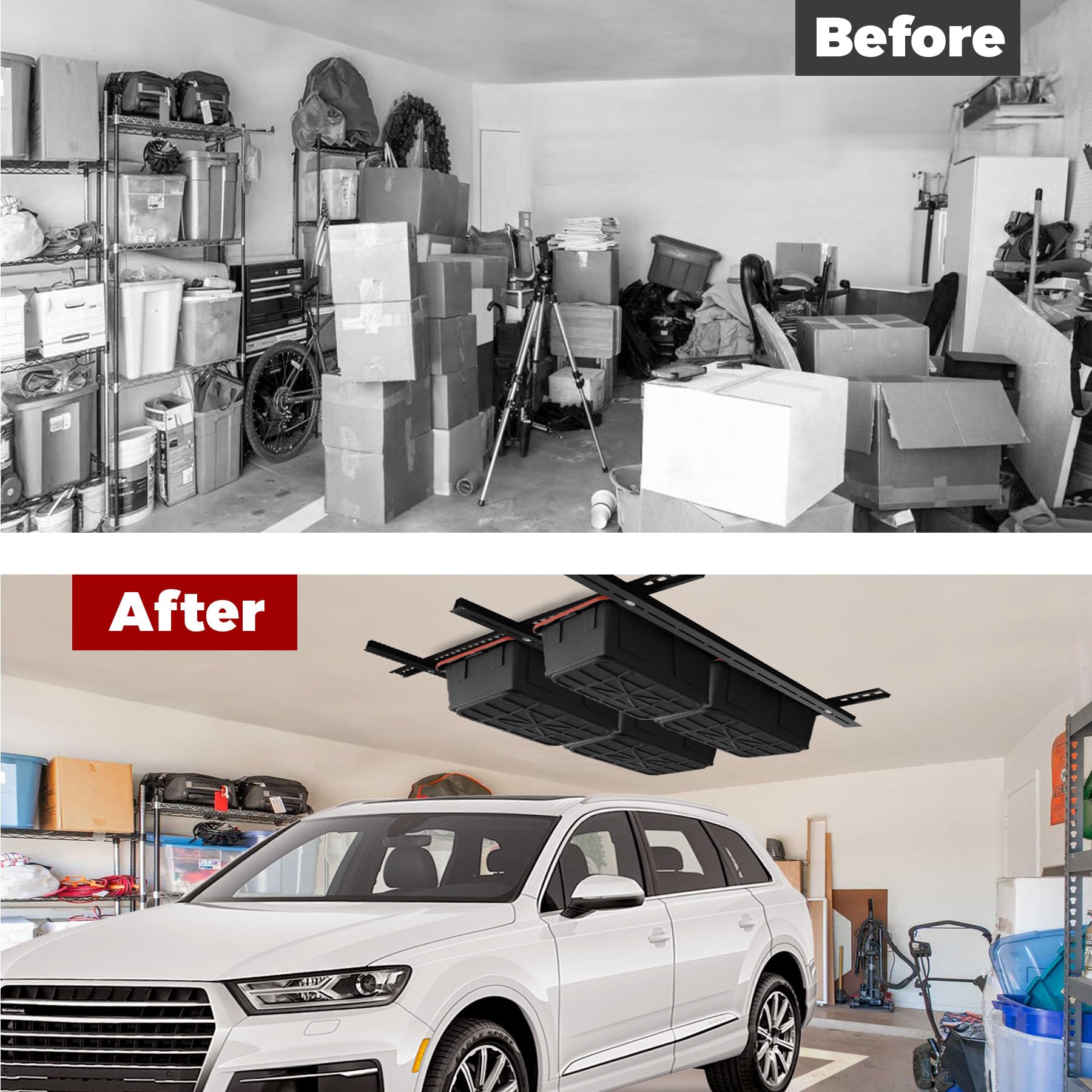 Heavy Duty Adjustable Overhead Garage Storage Rack System - Ceiling Mounted Bin Organizer with Sliding Rails, Supports 6 Bins (3 Sets) - Perfect for Garage Organization & Space Saving Storage