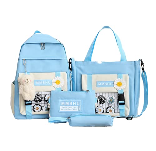 4Pcs Cute Canvas School Backpack Set with Bear Charm - Lightweight Laptop Backpack for Students, Medium Blue - Perfect for School, College, Travel & Daily Use