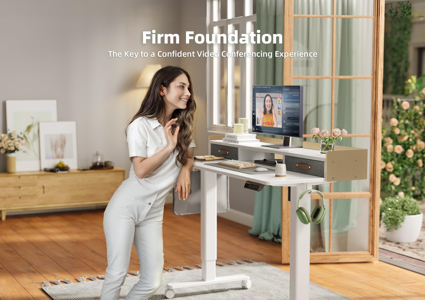 YDN 55 Inch Electric Standing Desk with Drawers - Adjustable Height Sit Stand Desk with Storage Shelf, White - Perfect for Home Office, Small Spaces & Ergonomic Workstations