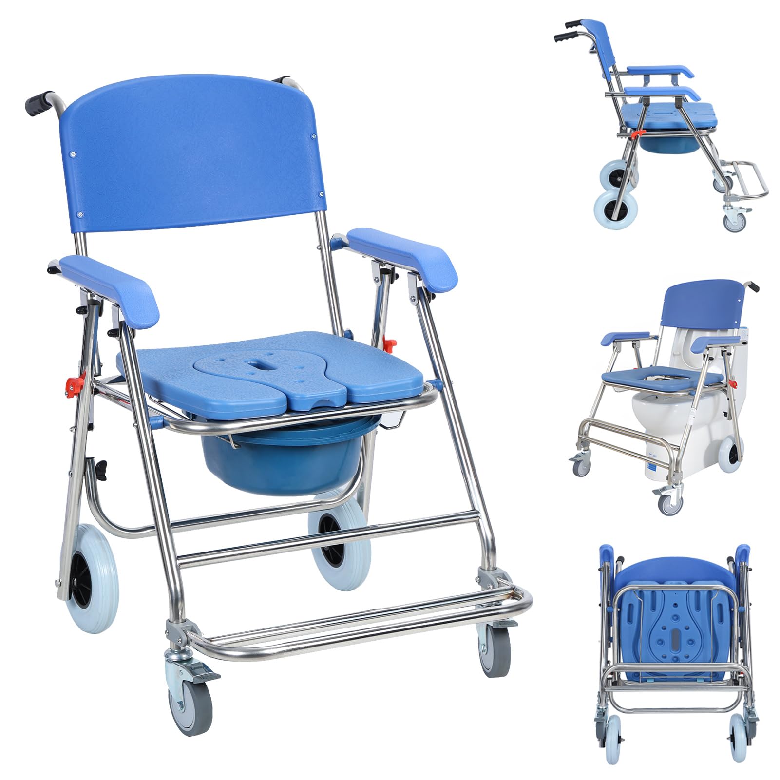 3-in-1 Shower Commode Wheelchair - Foldable Waterproof Rolling Toilet Chair with Armrests & Backrest - Portable Mobility Aid for Elderly & Disabled - Ideal for Bathroom Safety & Home Care Use