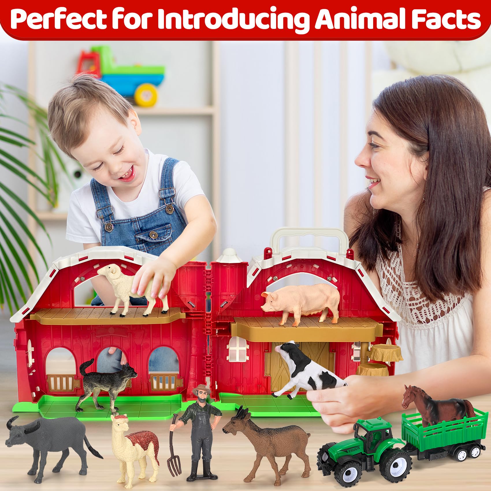 Farm Animals Toys for 1-5 Year Old Kids - Big Red Barn Playset with Animal Figures & Tractor - Educational Learning Toys for Toddlers Boys & Girls - Perfect for Christmas, Birthday & Easter Gifts - Great for Preschool Learning, Imaginative Play & Farm-Themed Parties