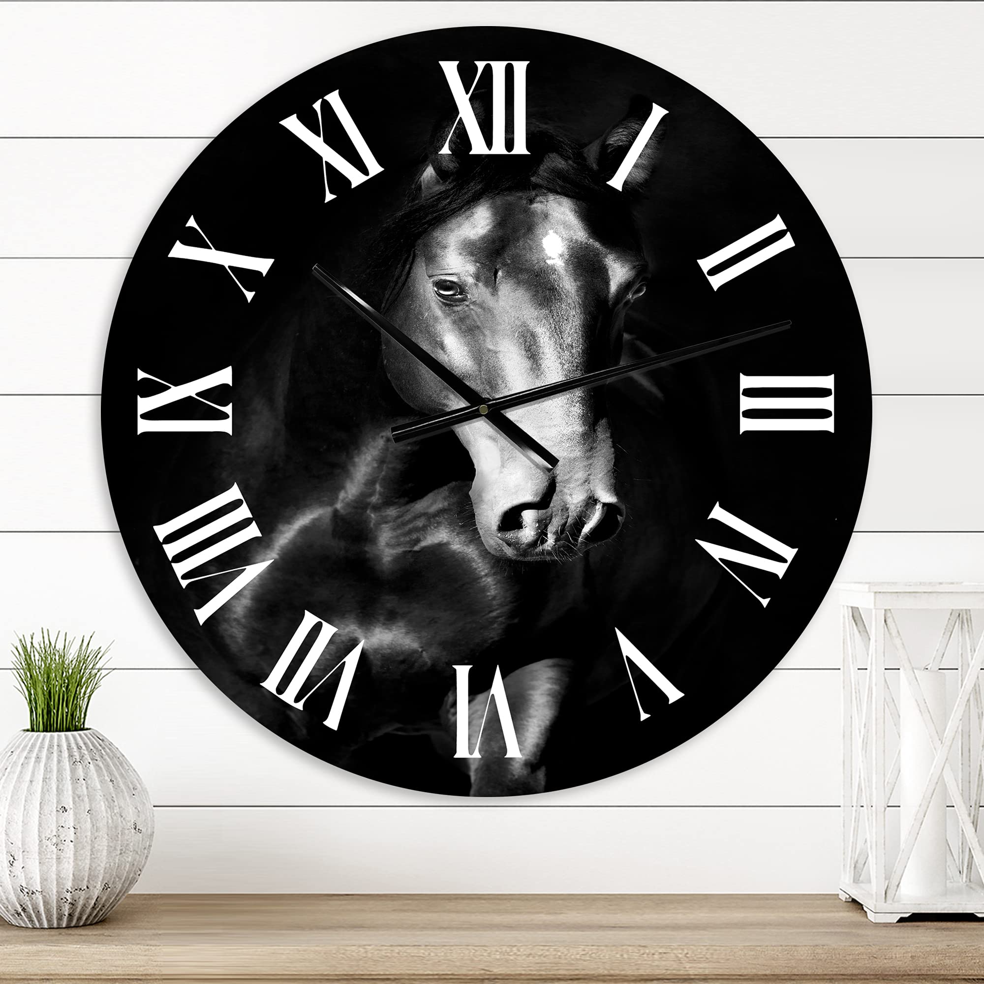 Farmhouse Wall Clock - Large Black Kladruby Horse Portrait Wall Decor for Home, Office & Living Room | Rustic Animal Themed Clock for Kitchen, Bedroom & Workspace
