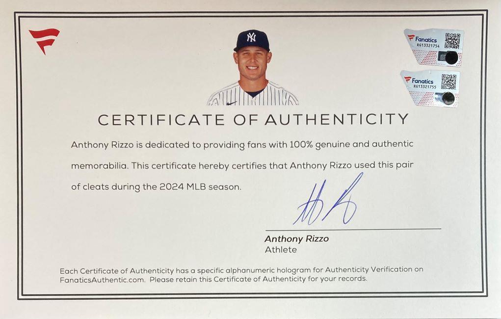 Anthony Rizzo Autographed 2024 Game Used Yankees Nike Baseball Cleats (Pair) - Authentic Collectible for MLB Fans & Memorabilia Enthusiasts - Perfect for Display, Gifts, and Sports Collections