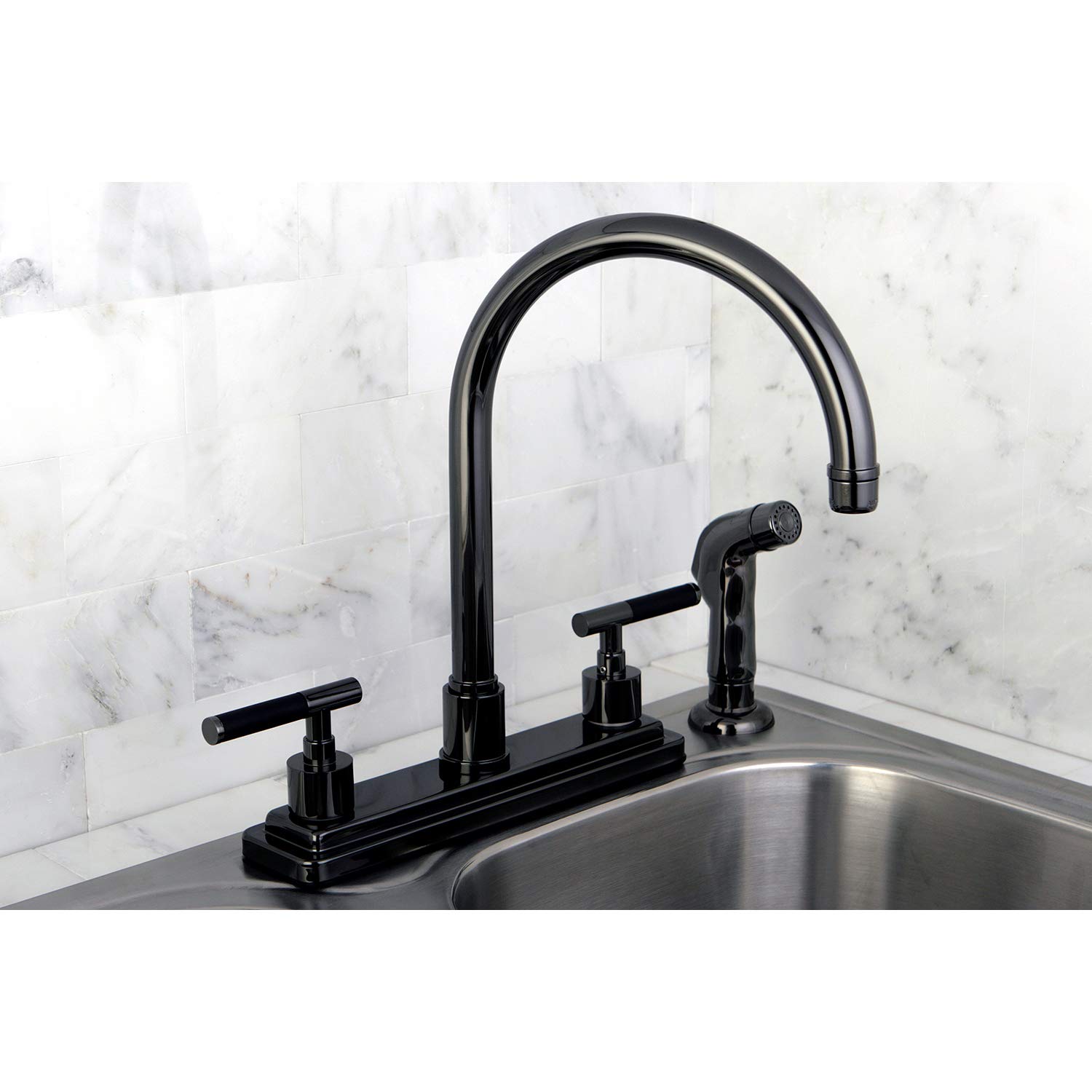 Kingston Brass NS8790DKLSP 8-Inch Centerset Kitchen Faucet - Black Stainless Steel with Lever Handle & Matching Side Sprayer | Water Onyx Finish | Perfect for Modern Farmhouse & Contemporary Kitchen Renovations
