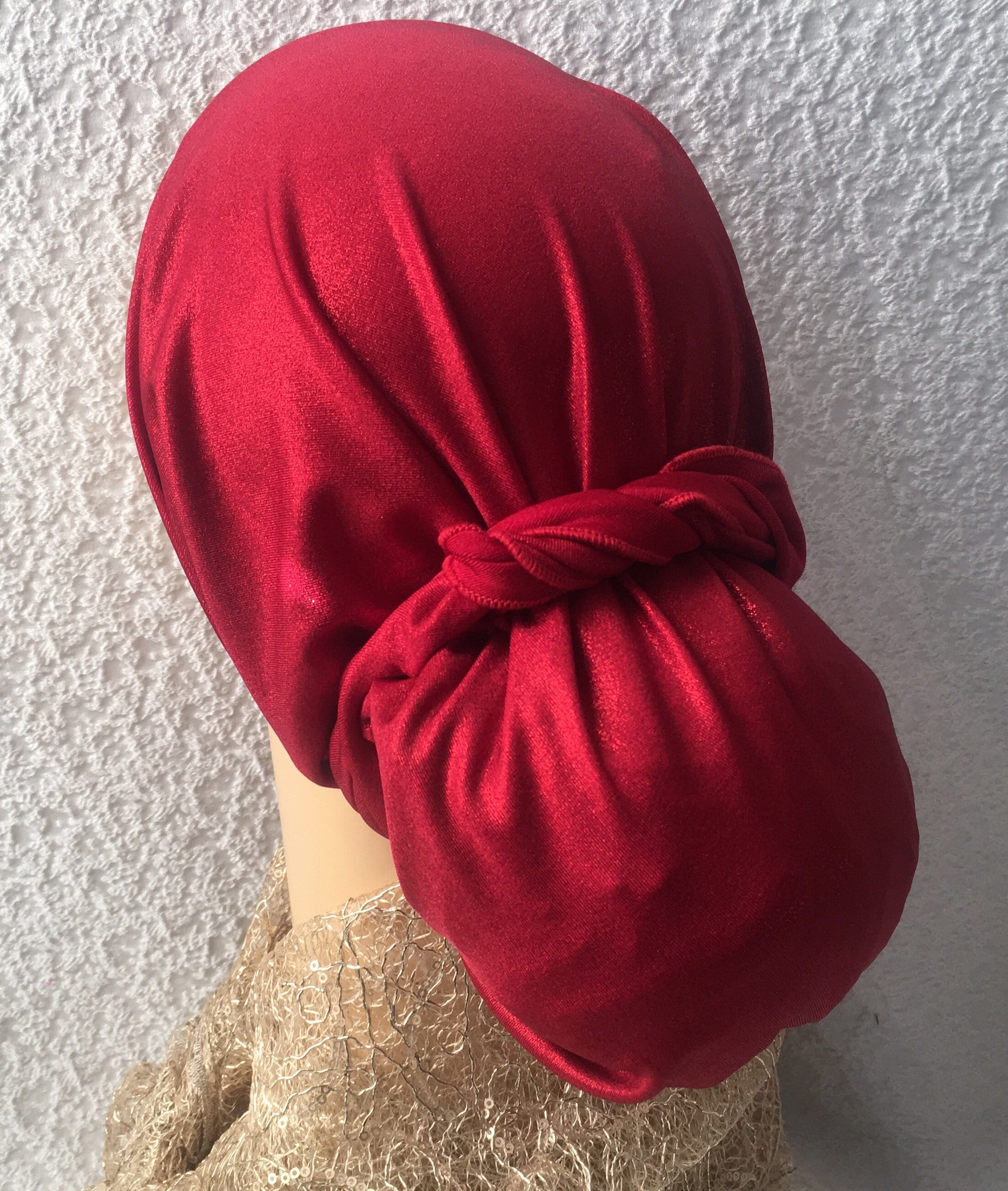 Women's Red Pre-Tied Fashion Head Scarf - Shimmer Shine Hair Wrap & Tie Back Cap for Concealing Hair | Perfect for Daily Wear, Parties & Special Occasions