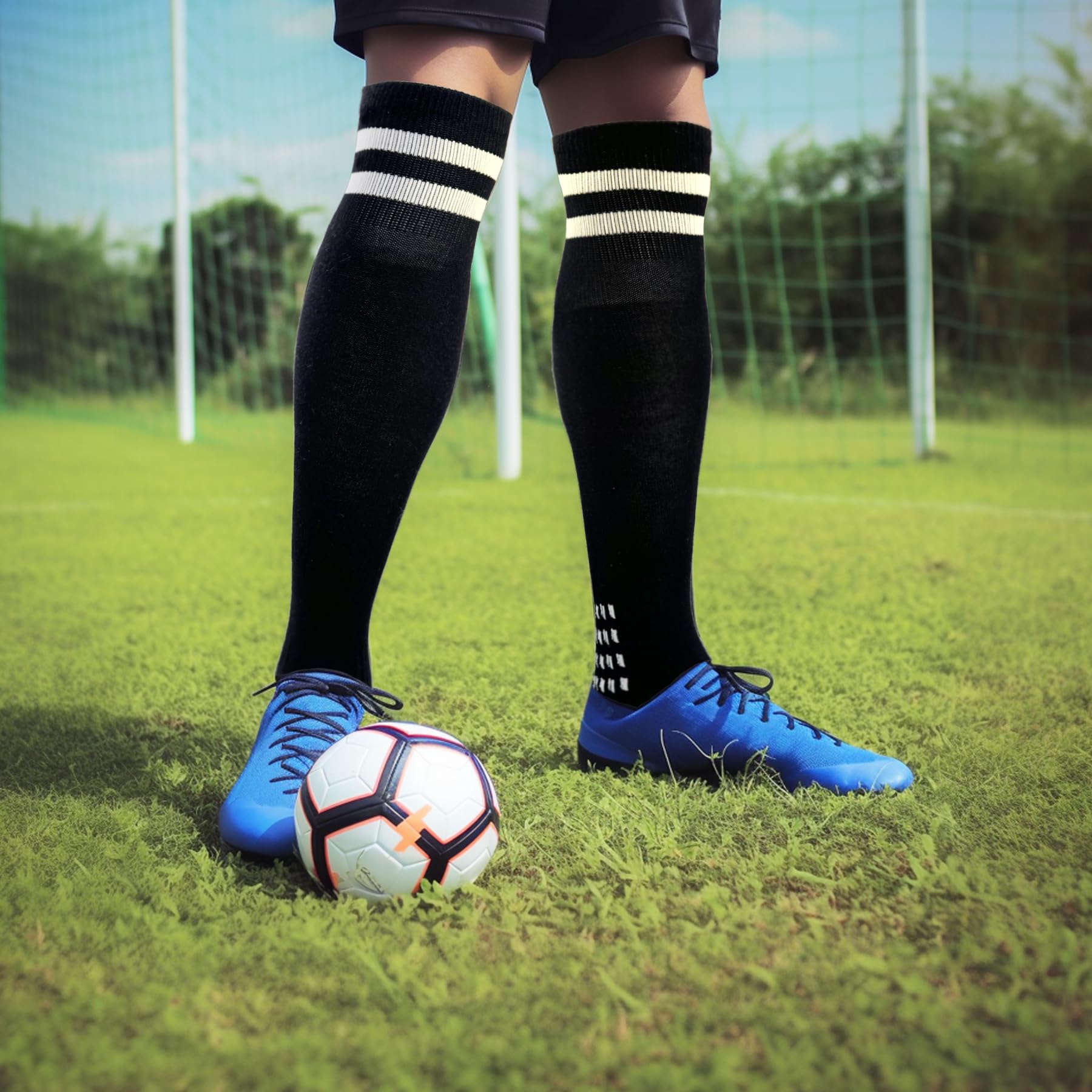 Men's & Women's Double Stripe Grip Soccer Socks with Cushion - Non Slip Long Football Compression Athletic Socks for Training & Matches