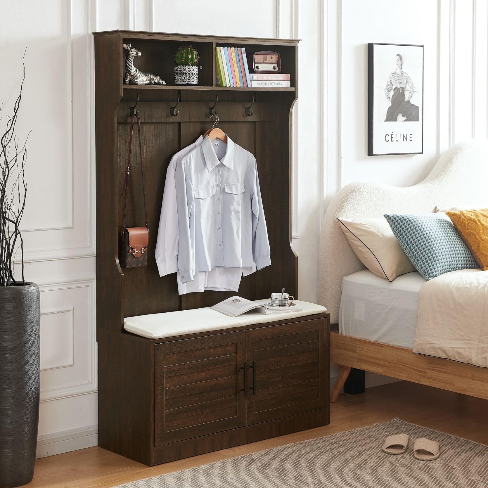 Corner Hall Tree with Bench - Entryway Coat Rack with 4 Hooks, Shoe Storage & Shelf - Space Saving Organizer for Home, Office, Bedroom or Mudroom - Perfect for Small Spaces & Entryway Organization