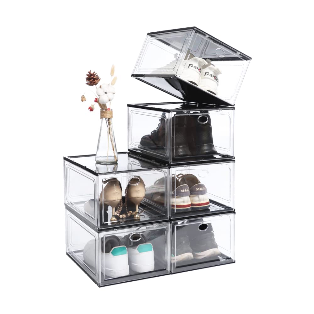 OMOPIN 6 Pack Clear Plastic Stackable Shoe Storage Boxes for Sneakers - Fits US Size 12 | Perfect for Closet Organization, Shoe Display & Home Storage Solutions