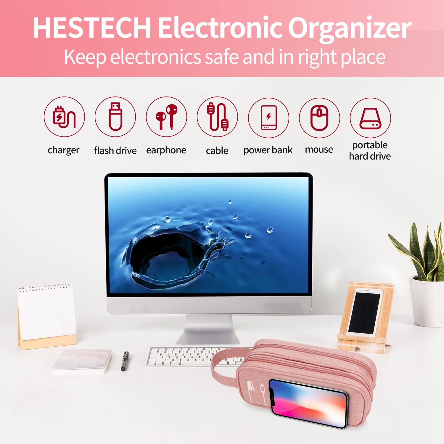 HESTECH Waterproof Electronics Organizer Bag - Pink Medium Double Layer Travel Charger Case for Phone, Mouse, Earbuds, USB Drive - Perfect for Office, Travel & Daily Storage Needs