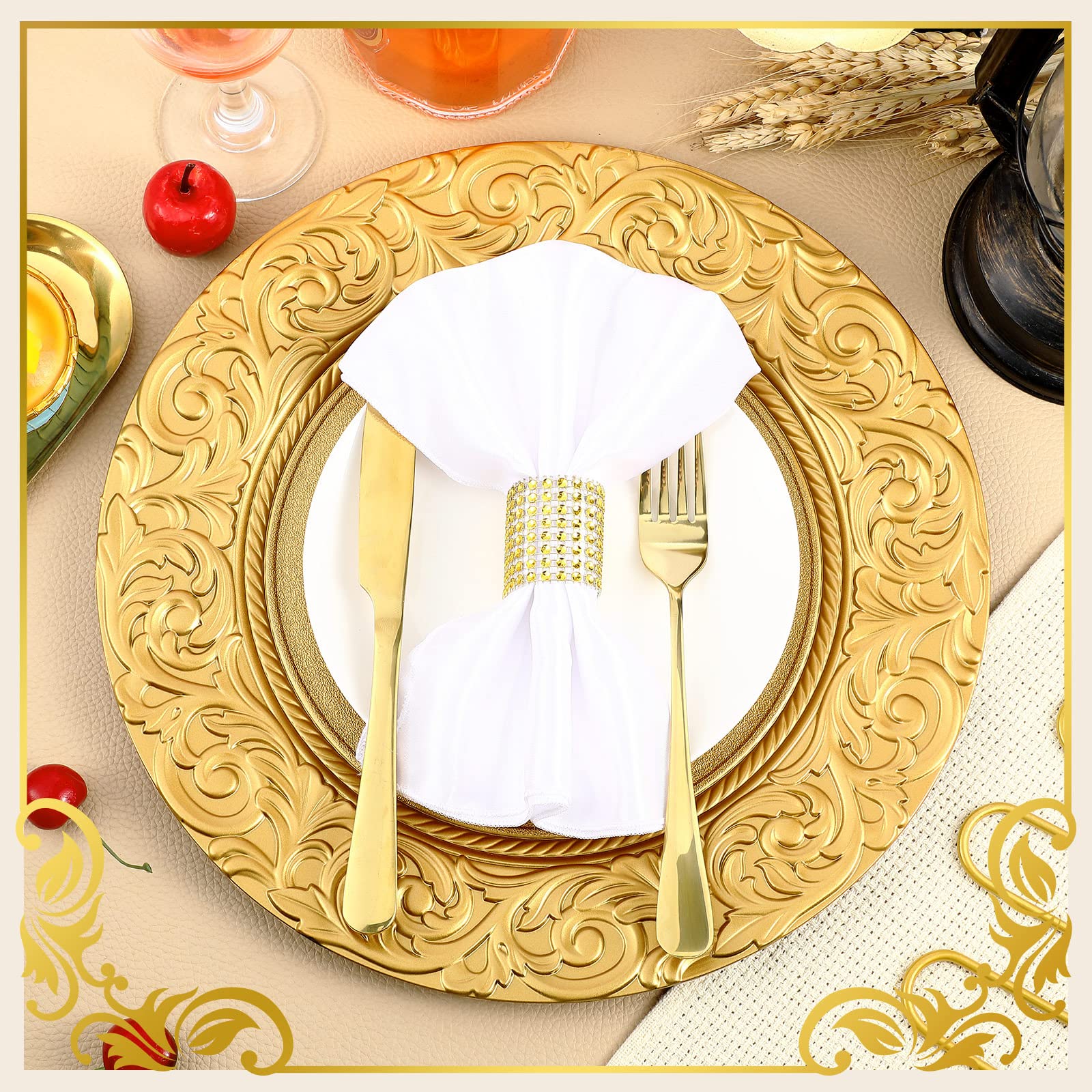 50 Pcs Antique Gold Charger Plates - 13 Inch Embossed Rim Plastic Decorative Dinner Plates for Wedding, Party & Event Table Setting - Elegant Tableware for Formal Dinners, Banquets and Holiday Celebrations