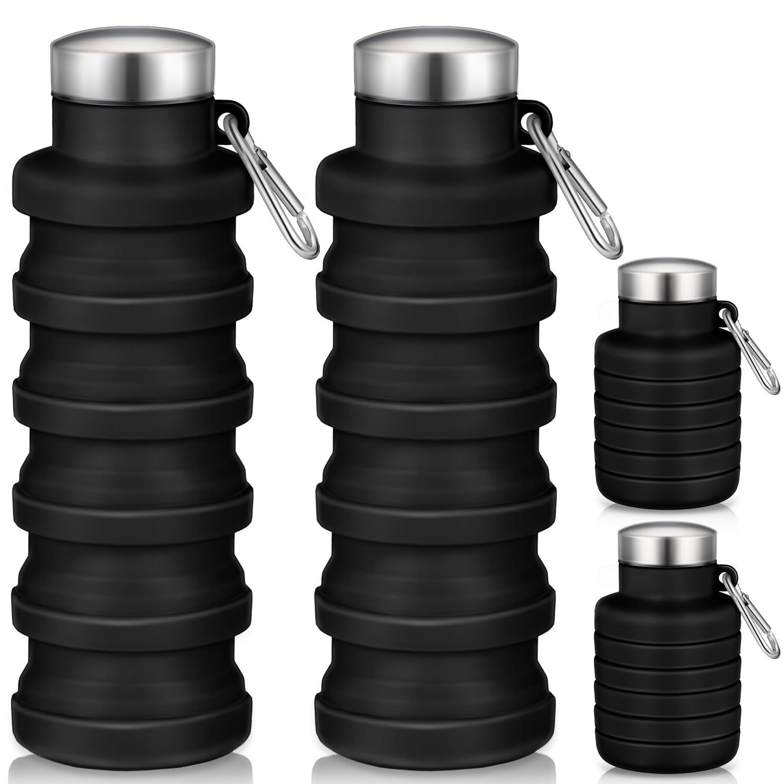 Baderke 2 Pack 17oz Collapsible Silicone Water Bottles - Foldable, Leakproof & Lightweight Reusable Travel Bottle with Buckle for Camping, Hiking, Cycling, Gym & Outdoor Sports (Black) - Perfect for Backpacking, Workout & Daily Hydration