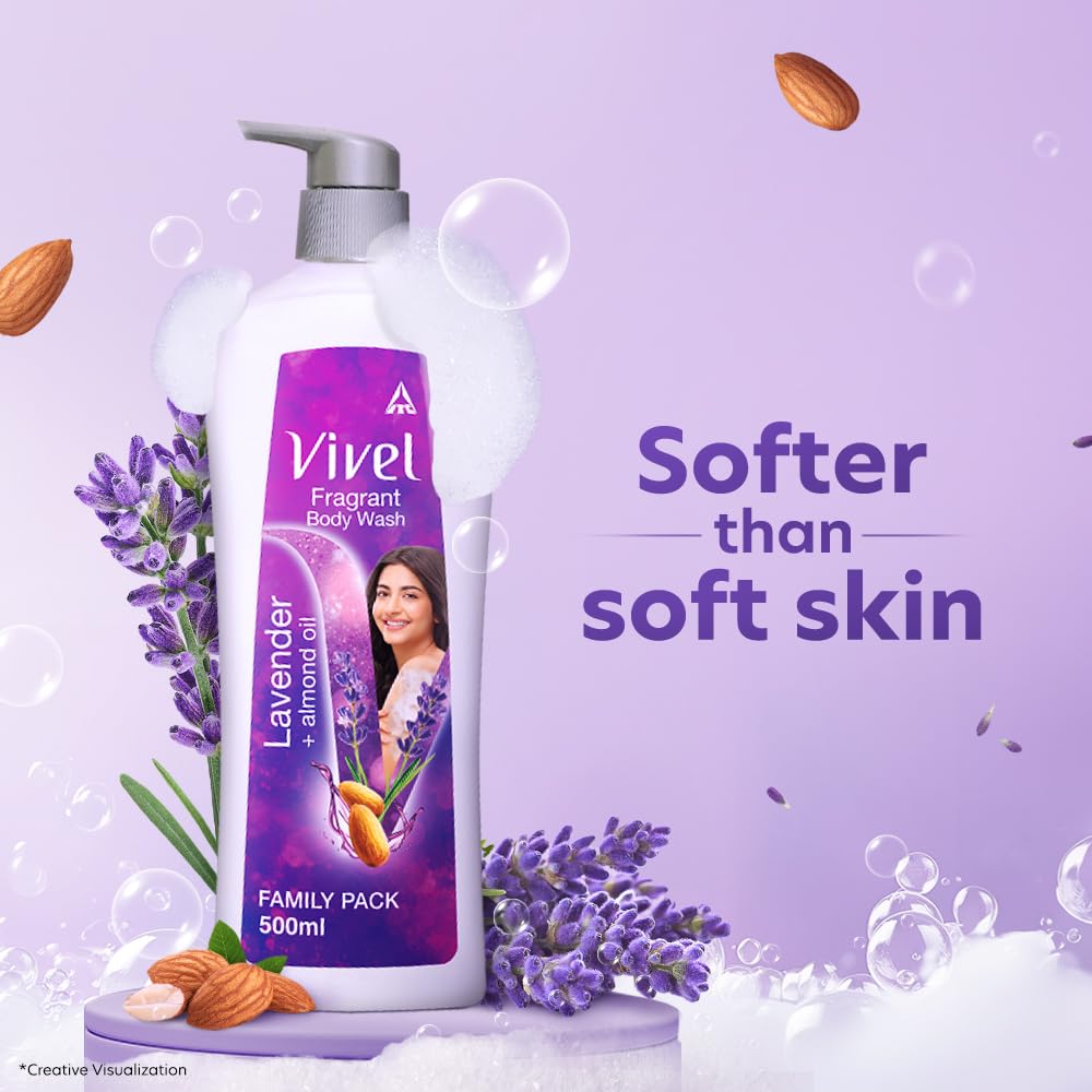Vivel Fragrant Body Wash with Lavender & Almond Oil - 500ml Moisturizing Shower Gel for Soft, Smooth Skin - Gentle Cleansing for Women & Men - Perfect for Daily Relaxation & Aromatherapy in Bath or Shower