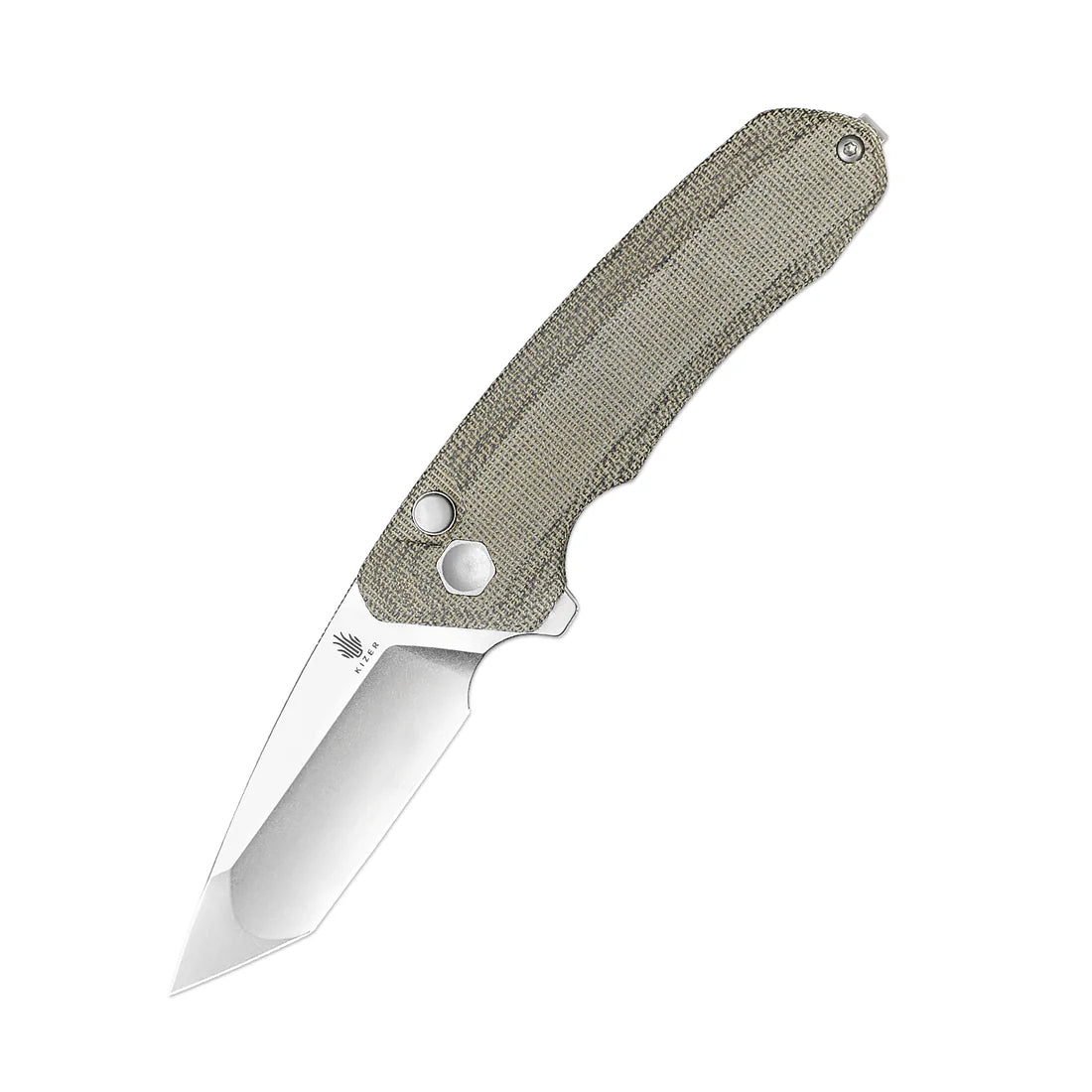 Kizer V4602C2 Vanguard Mad Tanto Button Lock Folding Knife - Plain Stonewash Blade & Green Micarta Handles - EDC, Outdoor, Camping, Survival Gear
