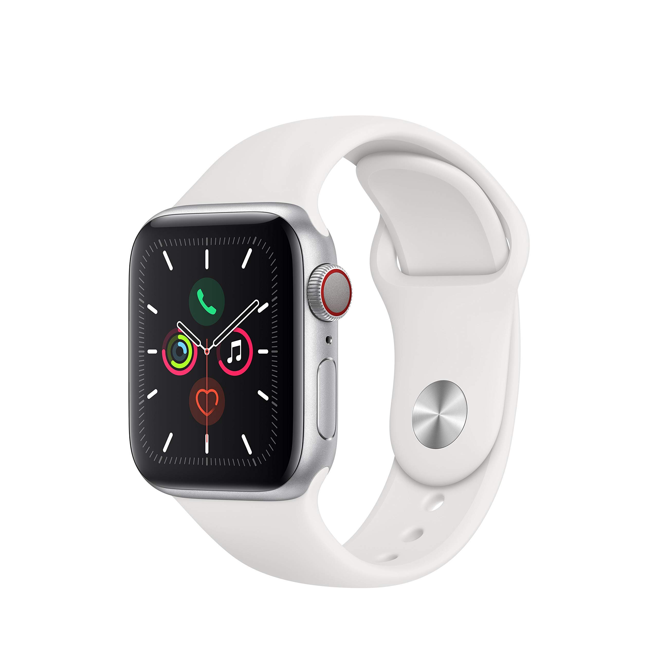 Apple Watch Series 5 40mm (GPS + Cellular) - Silver Aluminum Case with White Sport Band (Renewed) | Smartwatch for Fitness Tracking, Calls & Notifications | Perfect for Running, Swimming & Daily Use