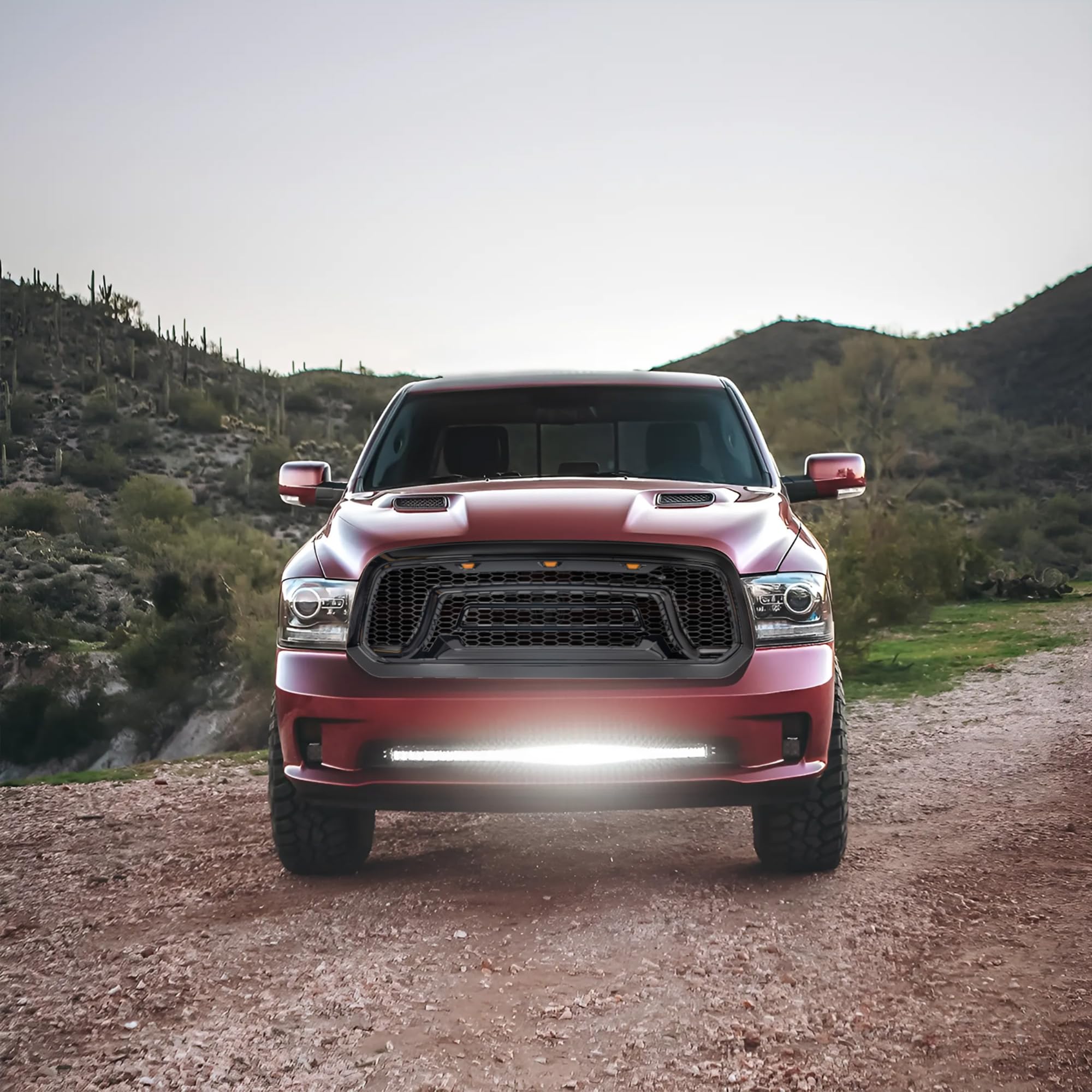AMERICAN MODIFIED Front Grille Replacement for 2013-2018 Dodge Ram 1500 | Glossy Black Truck Grill with Amber LED Lights | Perfect for Off-Roading & Custom Truck Upgrades