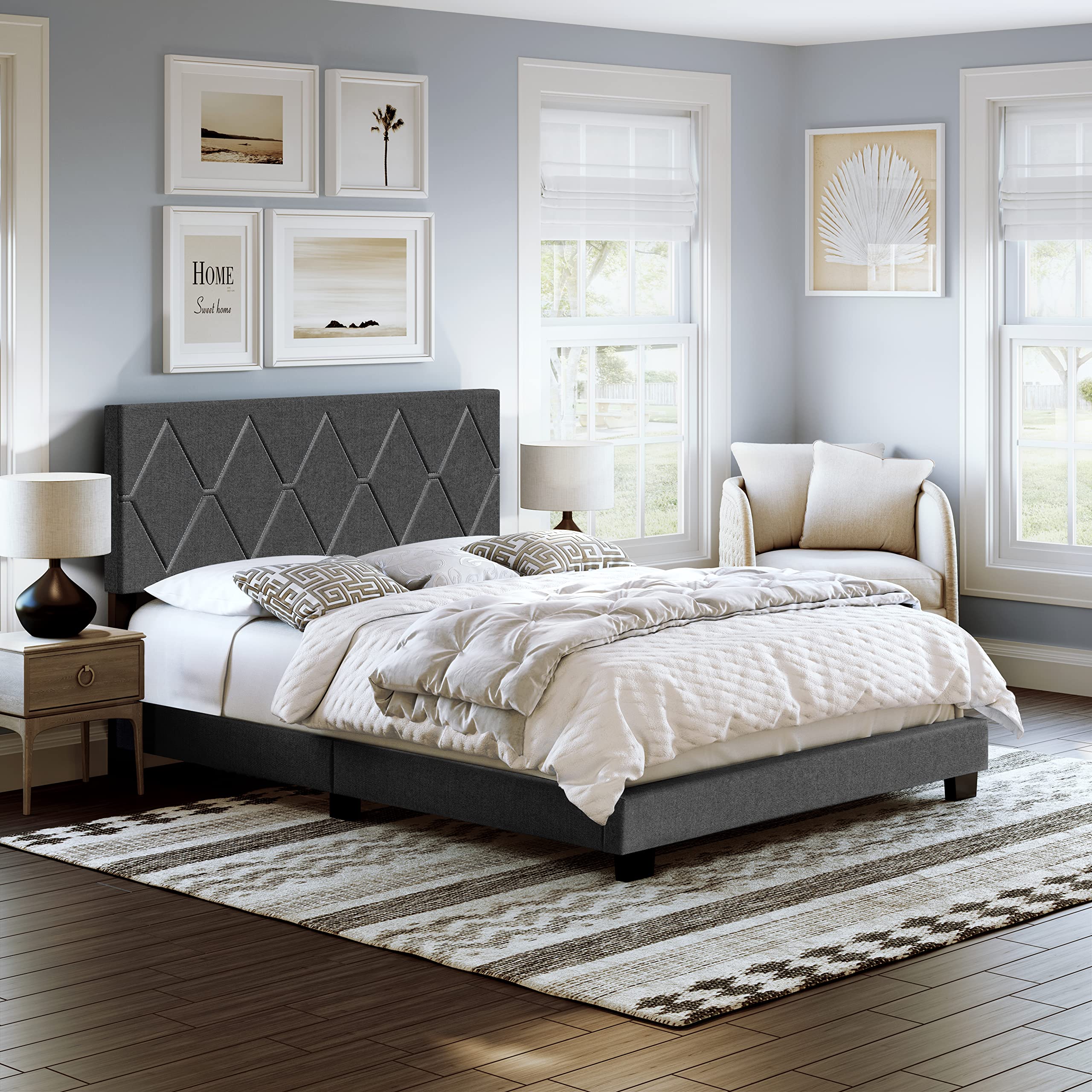 Boyd Sleep Diamond Upholstered Platform Bed Frame with Headboard - Twin Size, Linen Fabric, Black - Sturdy Mattress Foundation Required - Perfect for Modern Bedrooms, Guest Rooms & Small Spaces