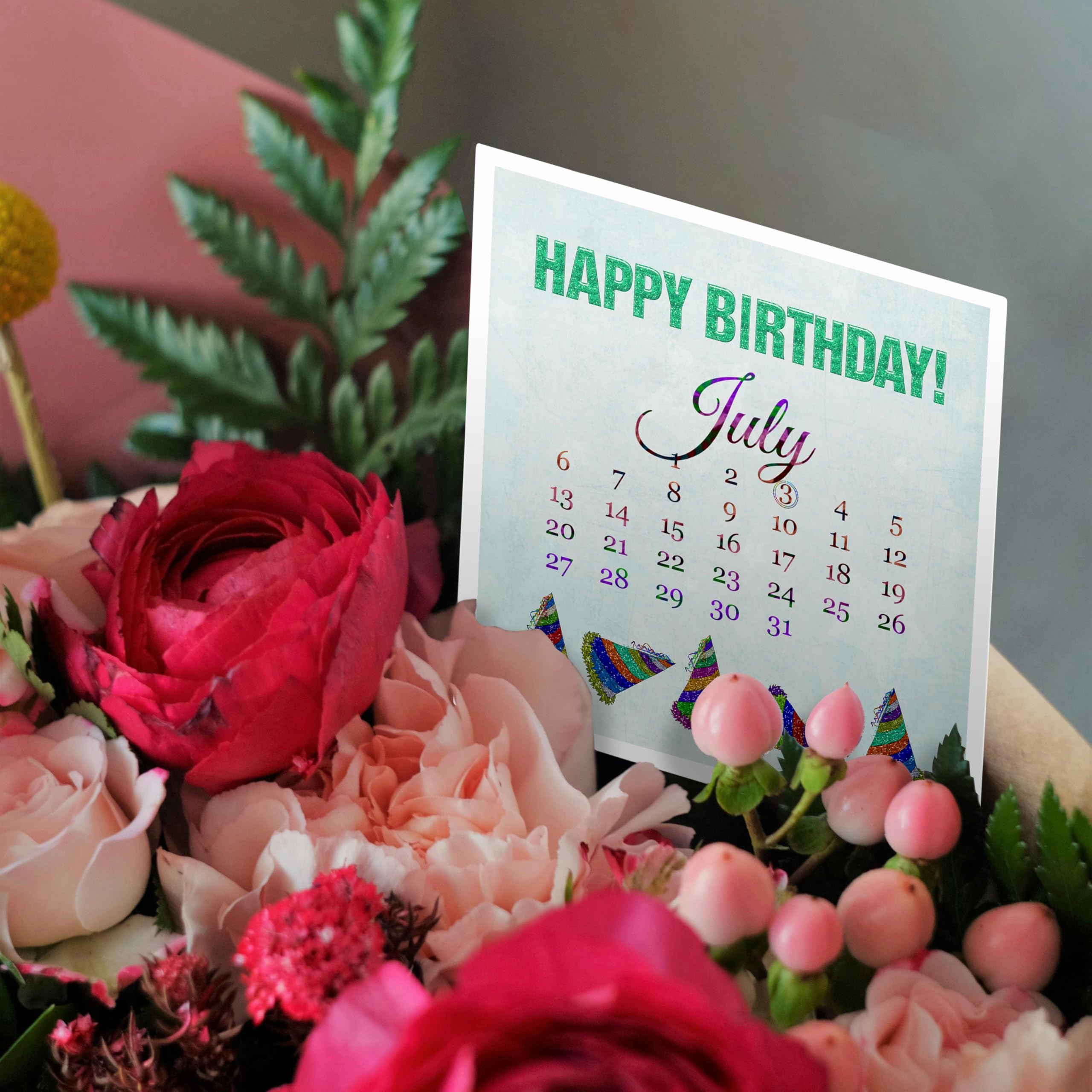 Happy Birthday Greeting Card - July 3rd Celebration with Glitter & Colorful Hats Design - Perfect for Birthday Wishes, Parties & Special Occasions