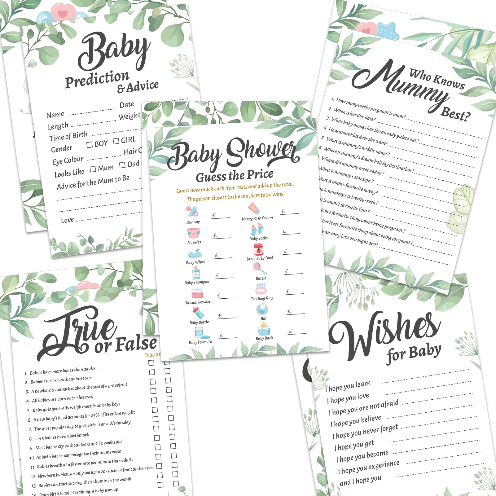 HOWAF Baby Shower Games Set - 50 Neutral Unisex Baby Prediction Cards (Who Knows Mommy Best, Guess the Weight & Date) - Fun Baby Shower Party Games & Decorations for Coed Showers, Gender Reveals & Newborn Celebrations - Perfect for Indoor & Outdoor Baby Showers