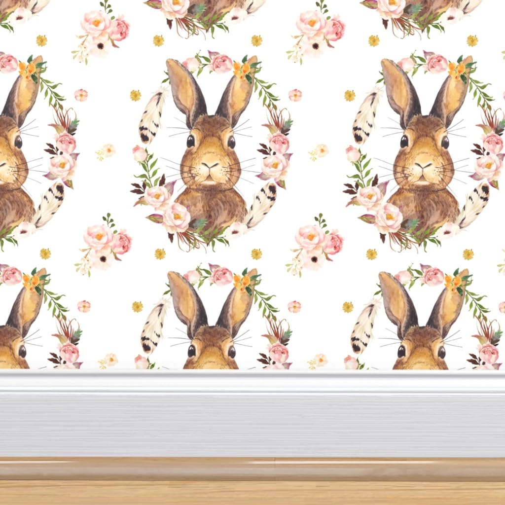 Premium Bunny White Baby Girl Woodland Roses Floral Wallpaper - 27ft x 2ft Commercial Grade Peel & Stick - Perfect for Nursery, Bedroom & Kids Room Decor