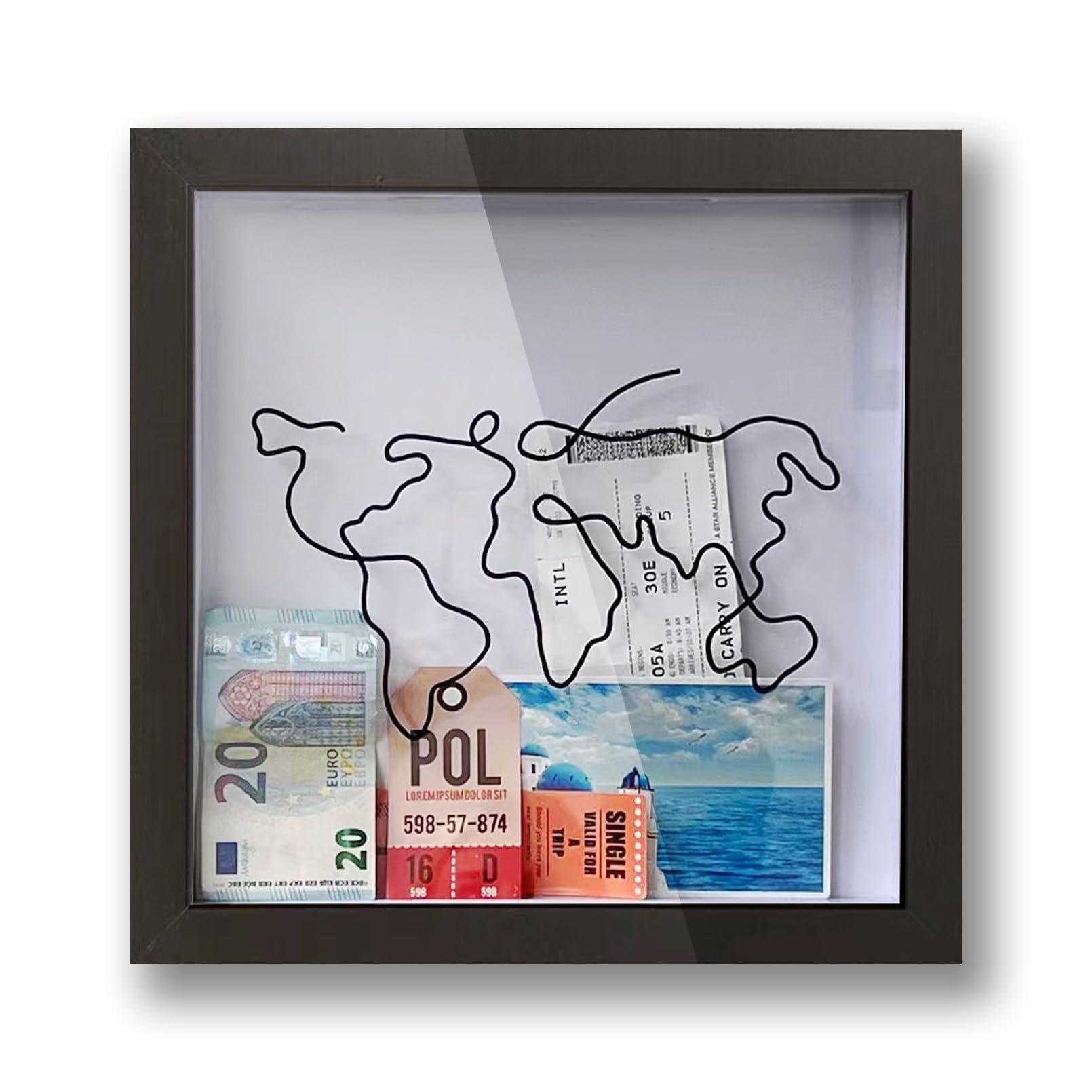 Adventure Archive Box - 12 Inch Black Wooden Travel Shadow Box with Slots, World Map Souvenir Organizer & Keepsake Display Frame - Perfect for Travel Memories, Ticket Stubs, Postcards & Vacation Mementos