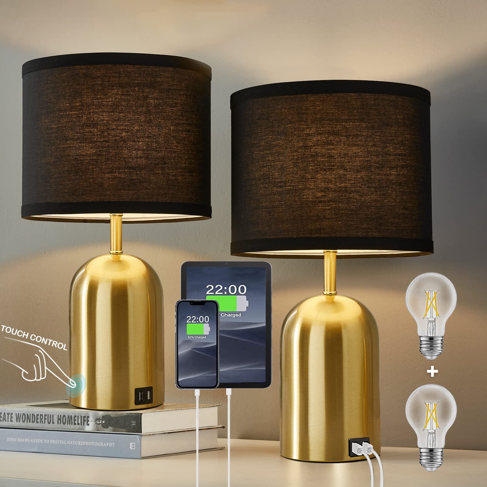 3-Way Dimmable Touch Control Table Lamp Set of 2 - Modern Bedside Lamps with 2 USB Ports, Black Shade & Gold Base for Living Room, Bedroom, Office, Hotel - Perfect for Reading, Nightstand Lighting and Home Decor