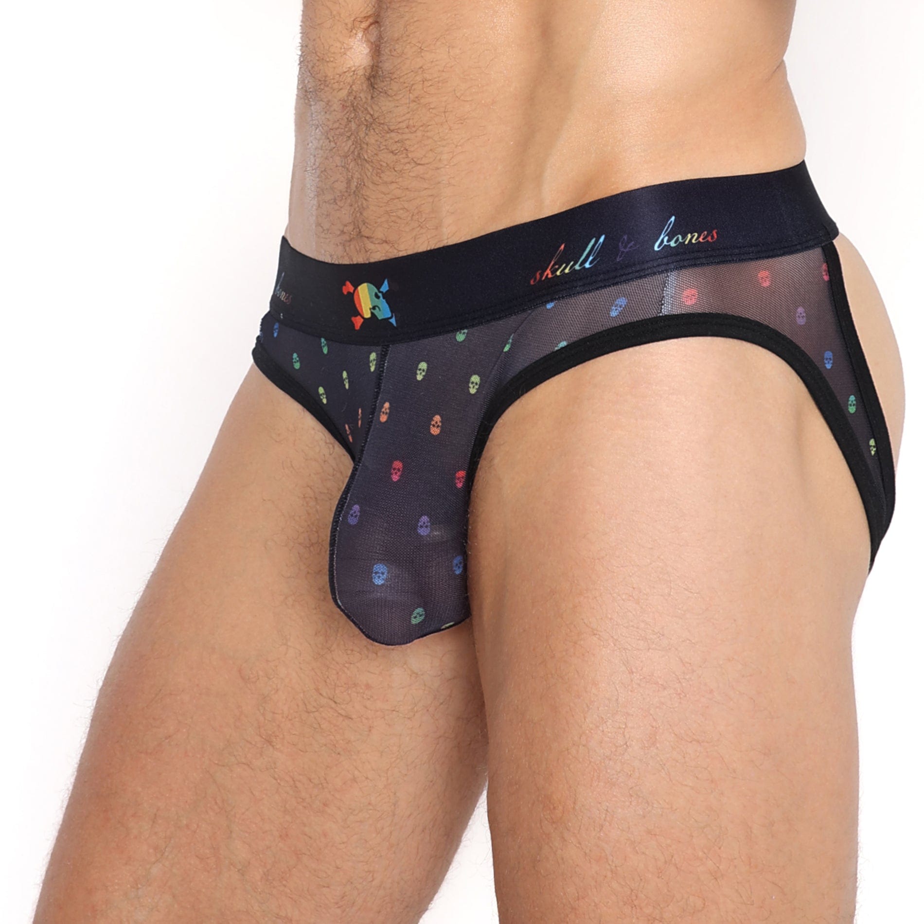 Pride Ditsy Skull Black Sheer Mesh Y Jock Strap - Gothic Lingerie for Men, Comfortable Underwear for Pride Events & Night Out