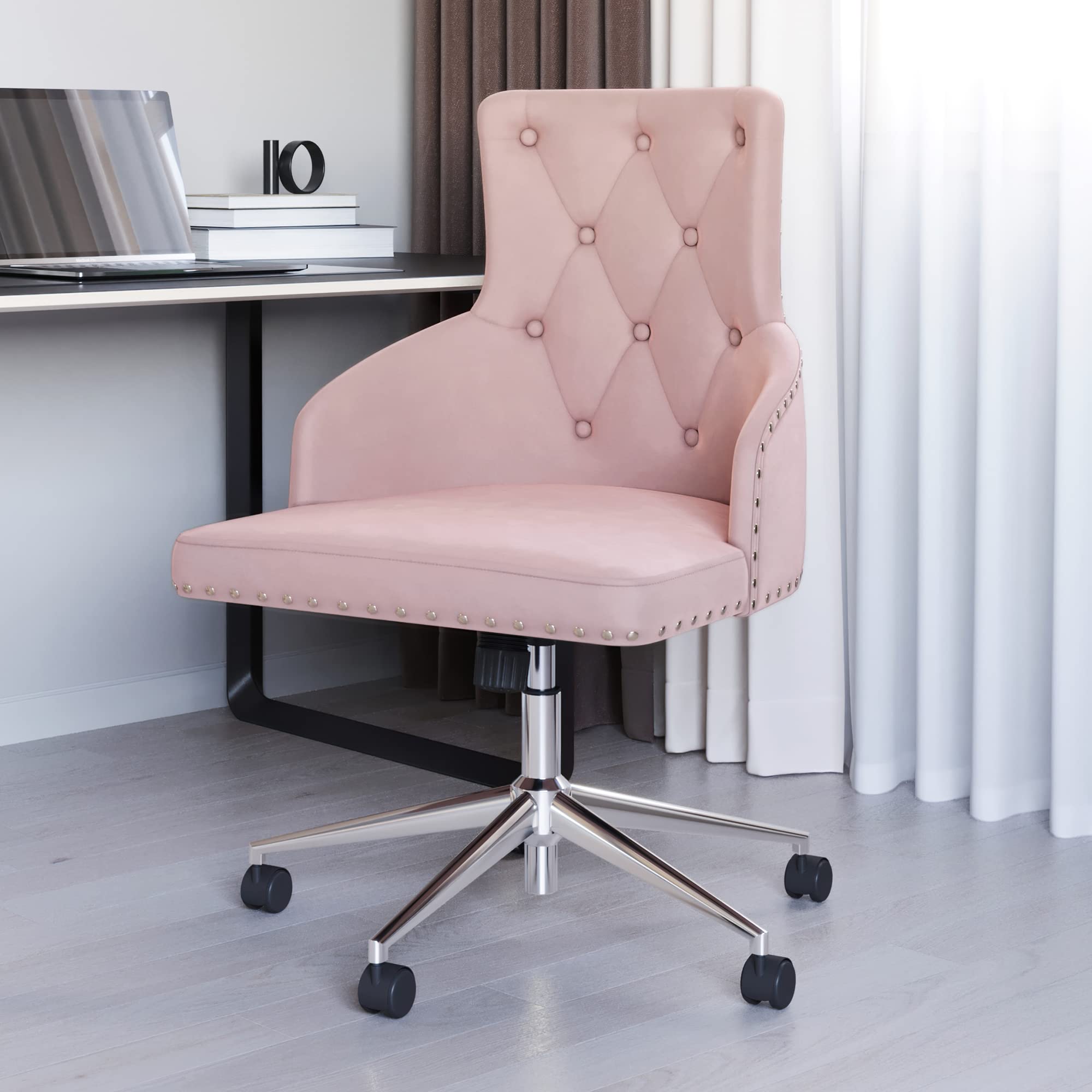 BELLEZE Modern Velvet Desk Chair with Adjustable Height - Pink Tufted Upholstered Swivel Office Chair with Wheels for Home Office, Bedroom Vanity or Study Room | Ergonomic Computer Chair for Work, Gaming & Makeup Station
