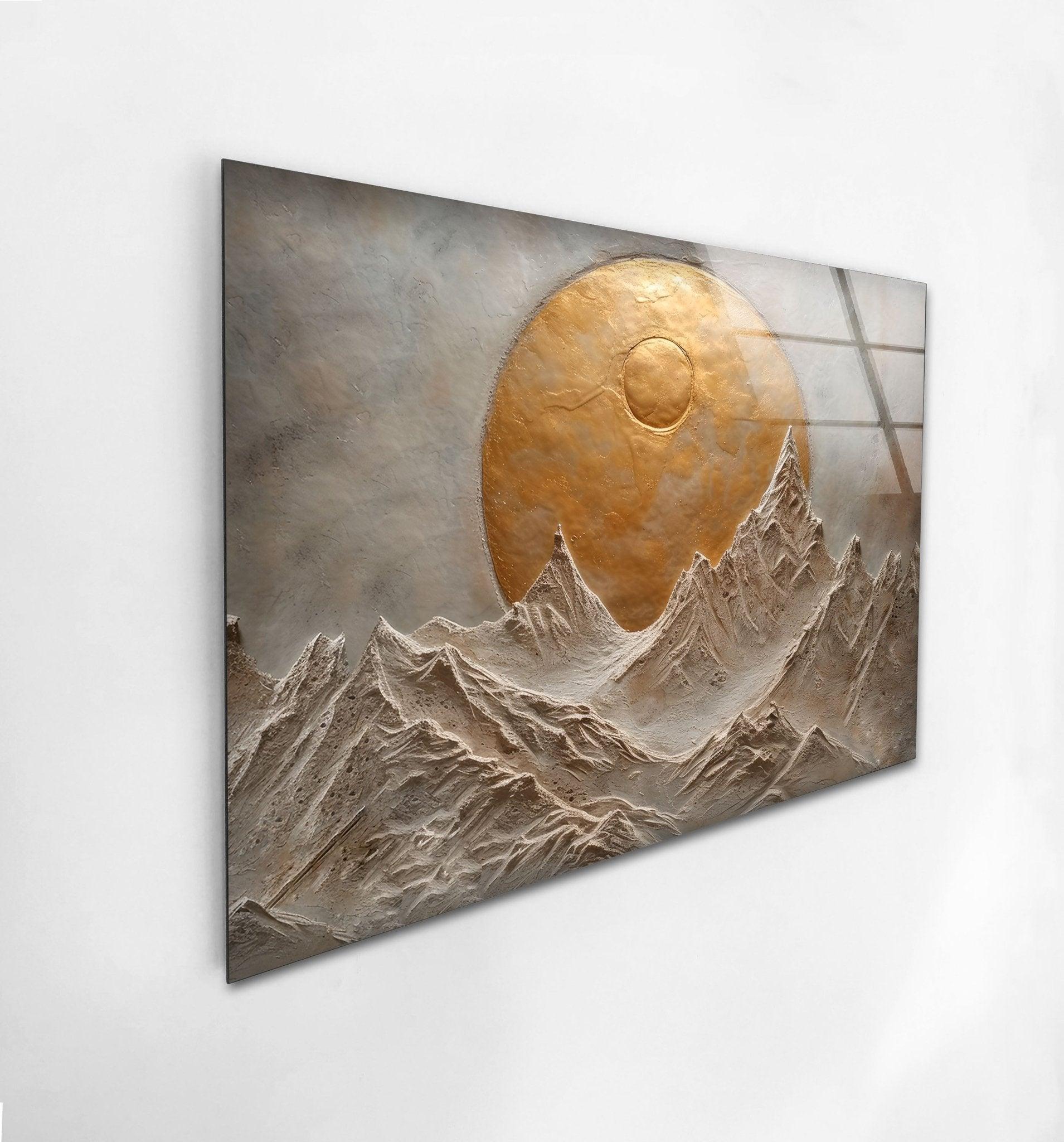 Abstract Mountain Golden Glass Wall Art - Modern Home Decor for Living Room, Bedroom & Office - Elegant Handmade Glass Painting for Gifts & Interior Design