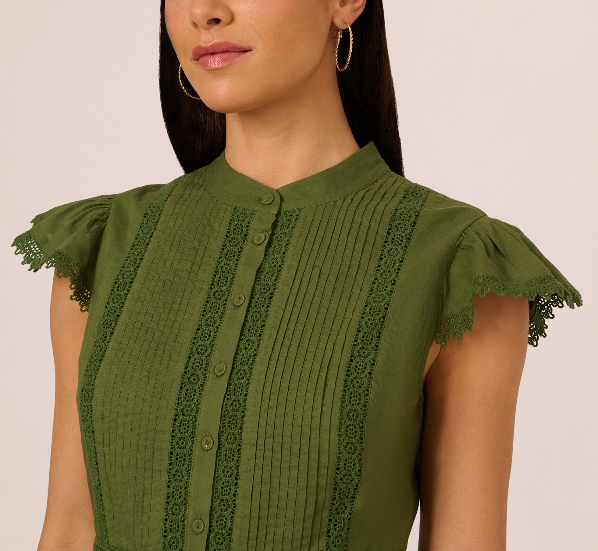 Flutter Sleeve Lace Short Cotton Dress Women's Olive Green Summer Casual Outfit for Beach, Party & Date Night