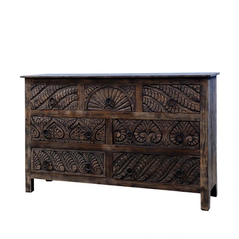 Hand Carved Indian Wooden 7-Drawer Dresser - Traditional Storage for Bedroom, Living Room & Office