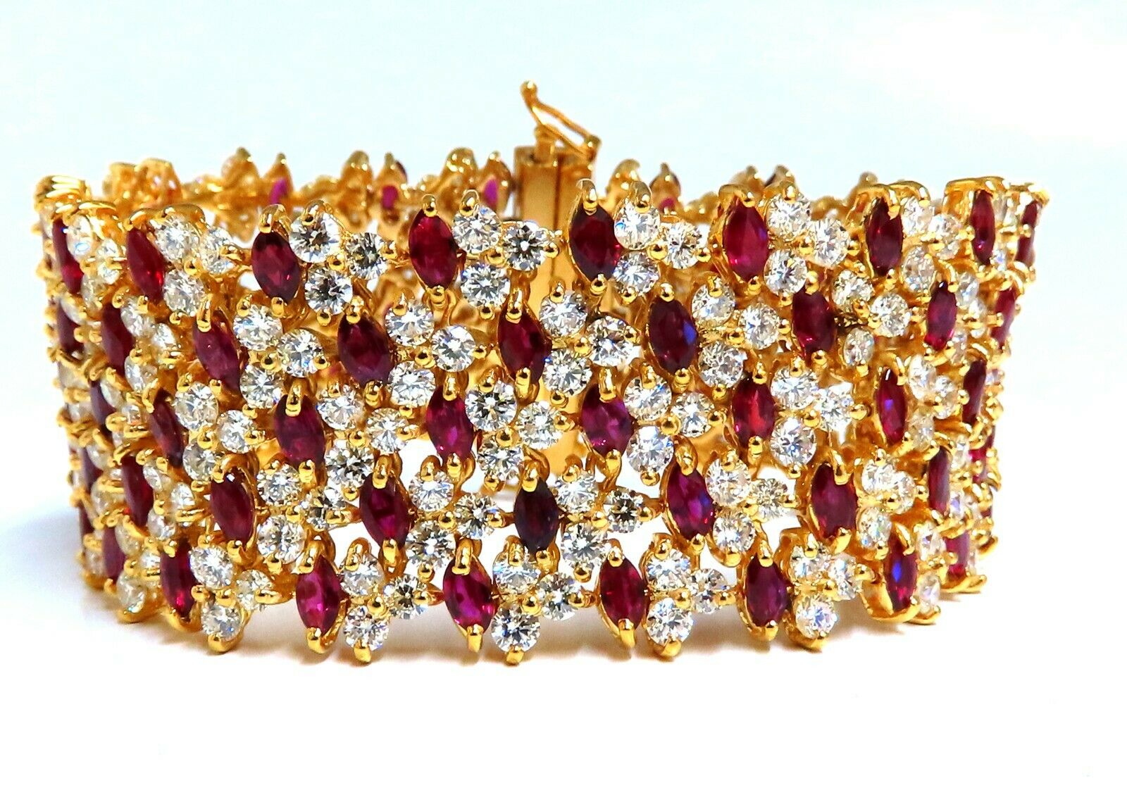 44.58ct Natural Ruby & Diamond Wide Cuff Bracelet in 14kt Gold Flex Mesh - Elegant Jewelry for Weddings, Parties & Special Occasions