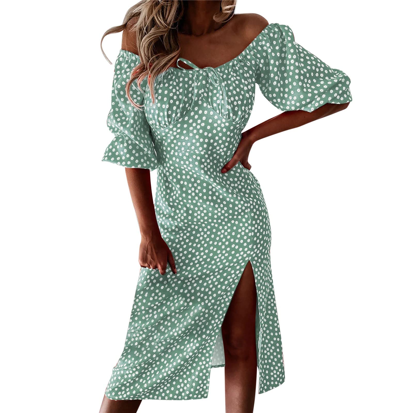 Sexy Prom Dresses for Women - Boho Floral Print Off Shoulder Long A-Line Dress with High Slit | Perfect for Homecoming, Evening Parties & Formal Events