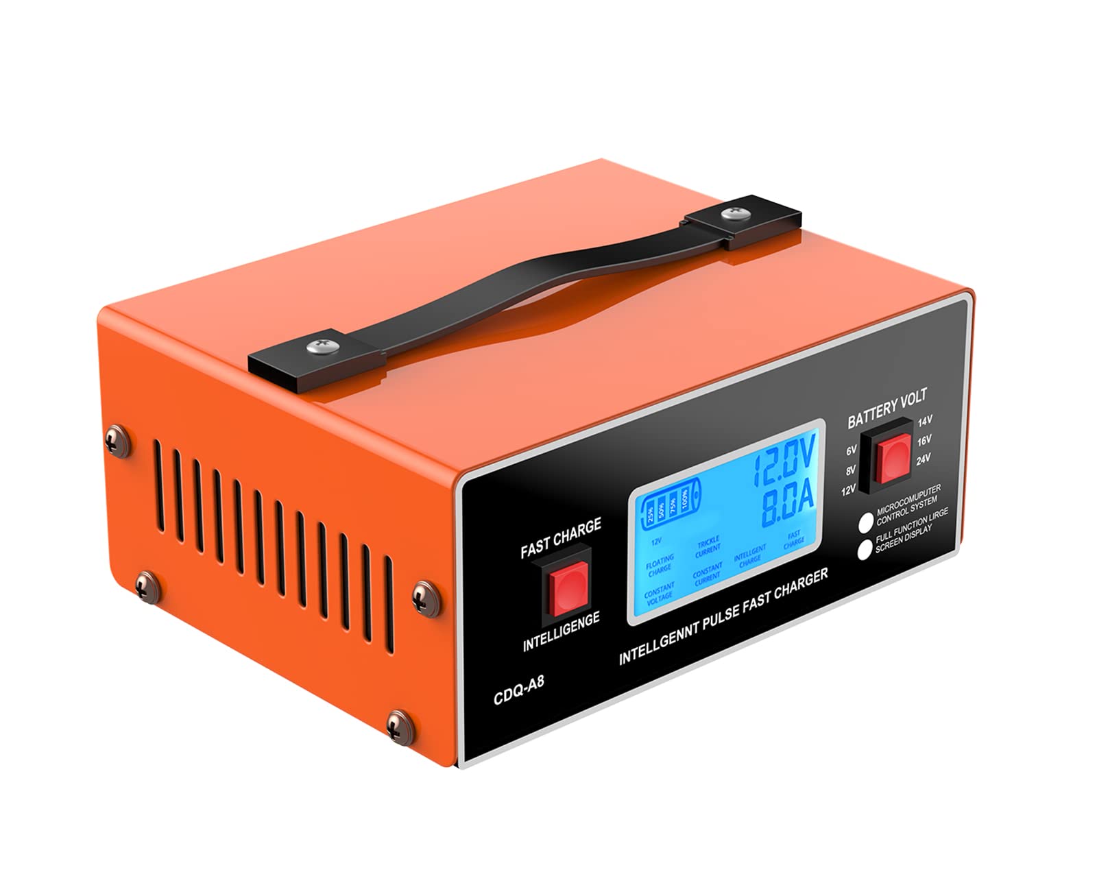 8V 10A Smart Car Battery Charger & Maintainer for 6/8/12/14/16/24V Lead-Acid Batteries - Automatic Charger with Cable Clamps & Handle - Perfect for Automotive, Golf Carts, Marine, RV & Power Sports (Orange)