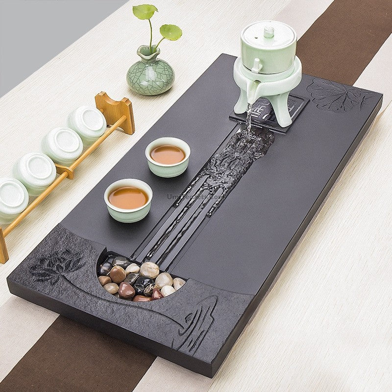 Premium Black Stone Tea Tray with Lotus Flower Design - Elegant Tea Ceremony Accessory for Home, Office & Zen Meditation Spaces