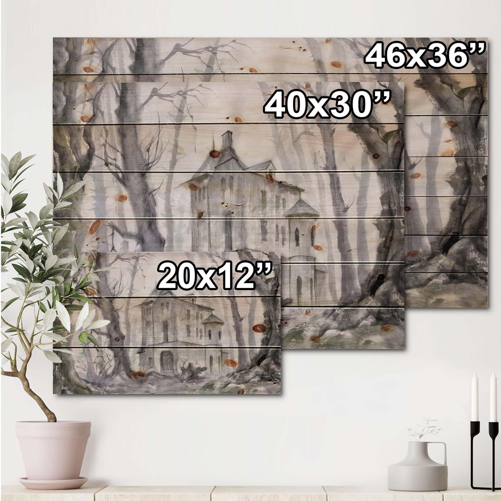 Haunted Castle in the Woods Wall Art - Large Grey Fantasy Wood Wall Decor Printed on Natural Pine - Perfect for Gothic Home Decor, Halloween Party Backdrop & Medieval Themed Room Design