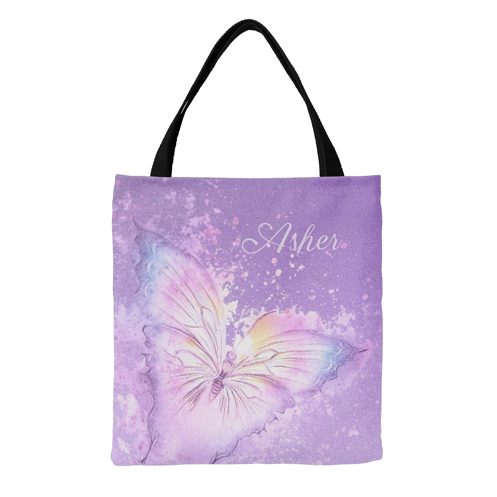 Personalized Purple Butterfly Watercolor Monogram Canvas Tote Bag - Reusable Shopping, Travel & School Handbag Gift - 14.17 x 14.57 Inch Eco-Friendly Tote for Women, Beach, Grocery & Work Commute