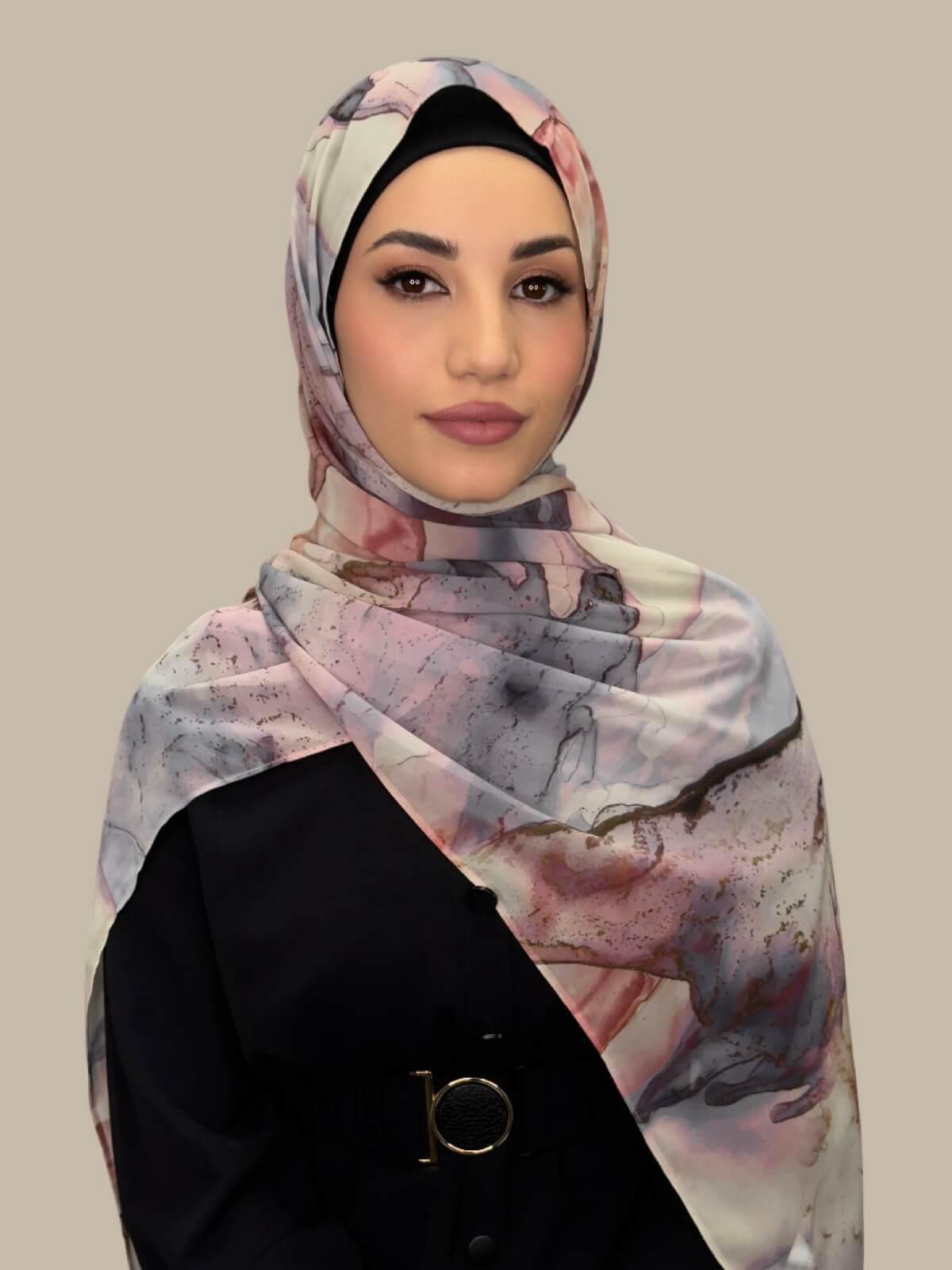 Elegant Printed Chiffon Hijab in Blush Quartz - Lightweight Muslim Scarf for Women, Perfect for Daily Wear, Prayer, and Special Occasions