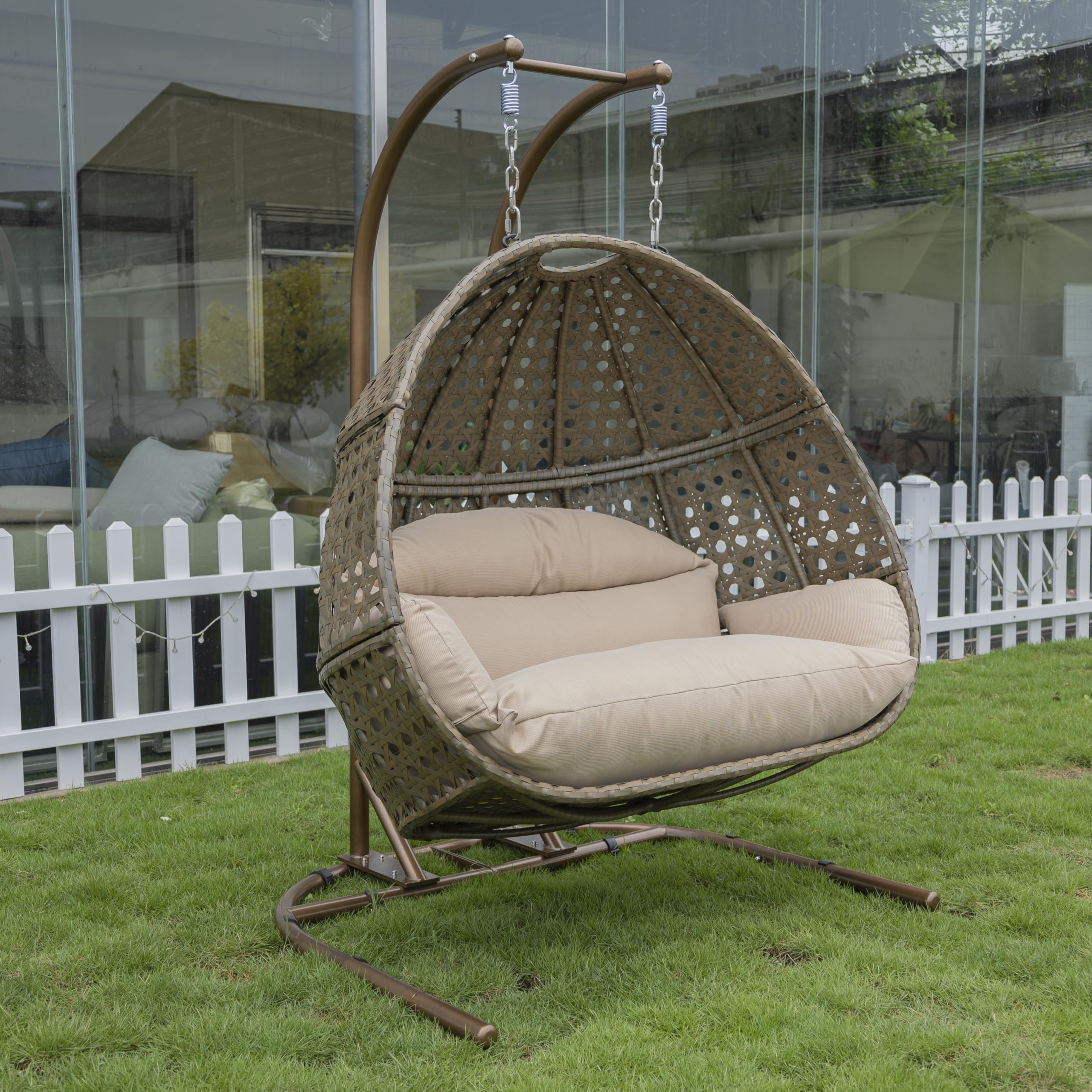 BOJATU X-Large Luxury Double-Seat Rattan Swing Chair with Stand & Cushion - Indoor/Outdoor Wicker Egg Hanging Chair for Patio, Garden, Balcony (Brown & Beige) - Perfect for Relaxing, Reading & Sunbathing in Your Backyard or Poolside